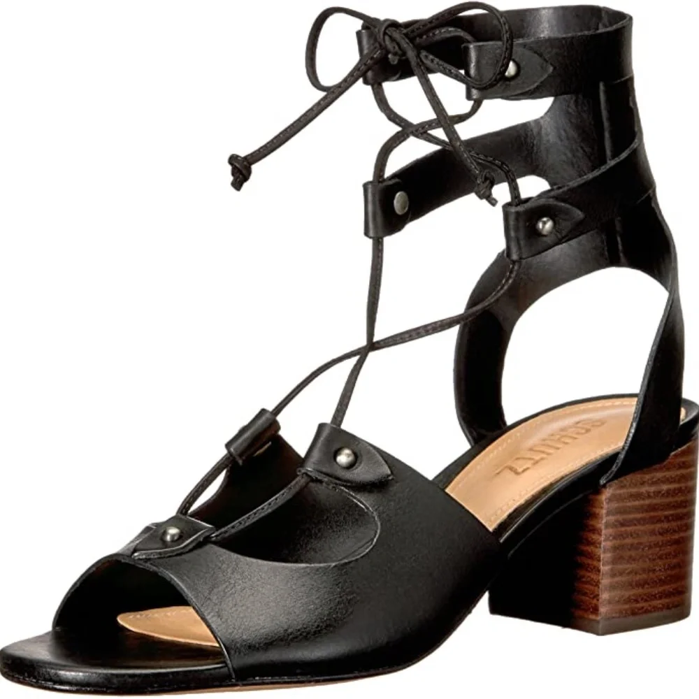 Schutz Monik Black Leather Gladiator Block Heel Sandal Open toe Ankle Strap Pump